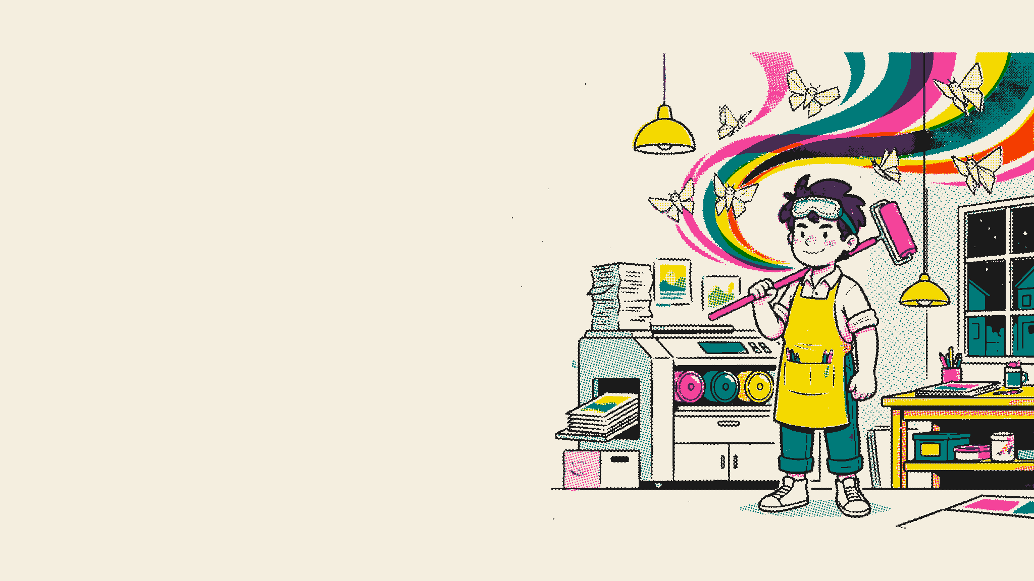 Pip in a yellow apron holds a pink roller inside a print shop beneath three swirling bands of ink.