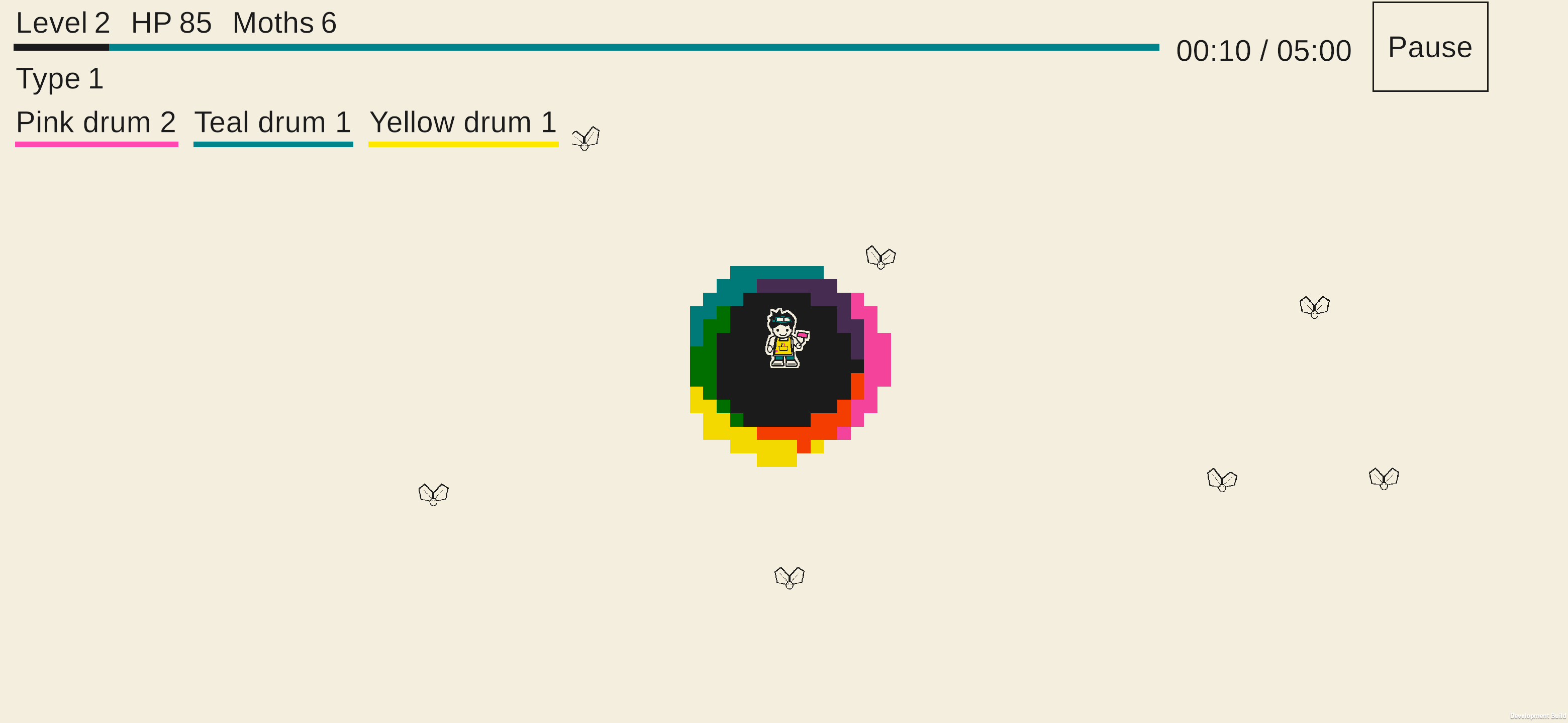 Pip surrounded by overlapping pink, teal and yellow ink fields, with health, XP and drum levels in the HUD.