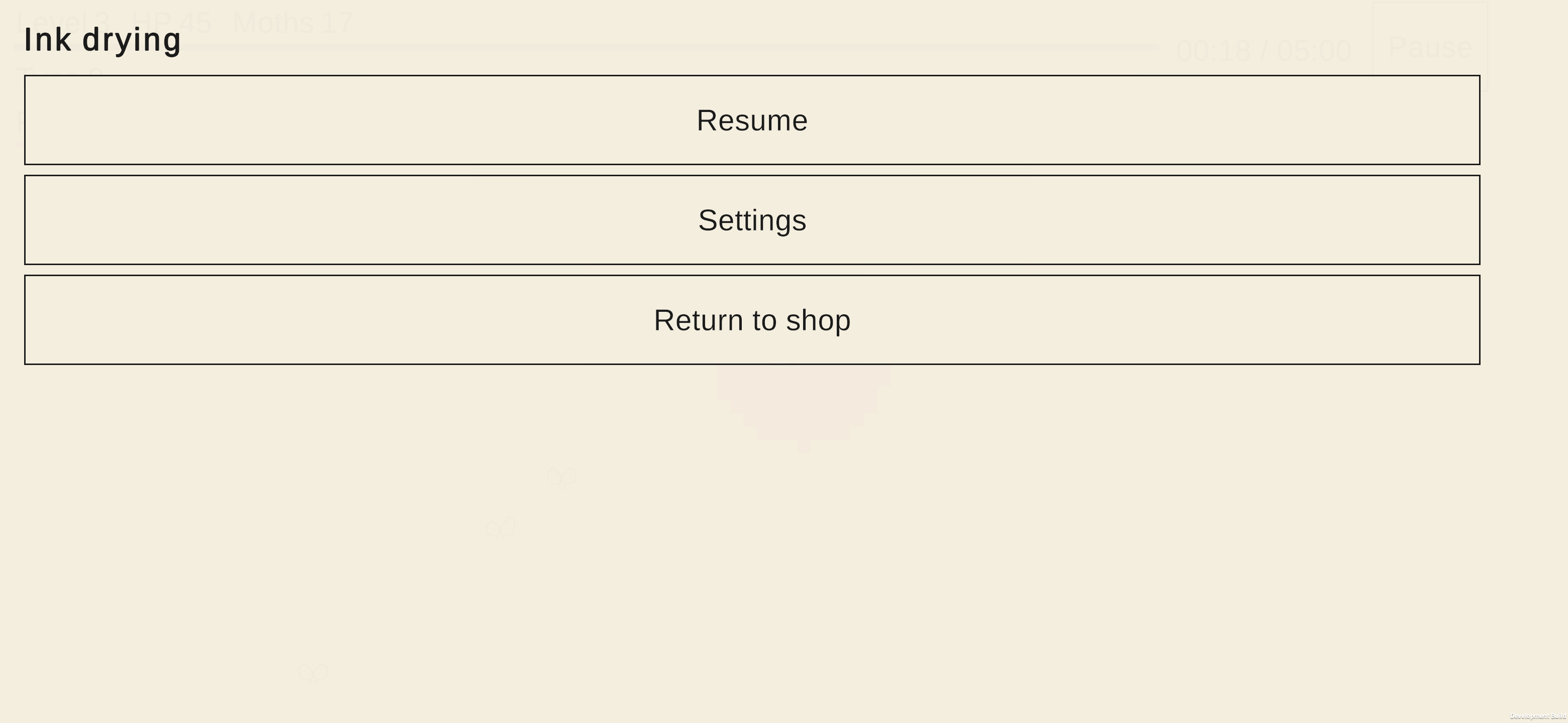 The Ink drying pause overlay shows Resume, Settings and Return to shop.