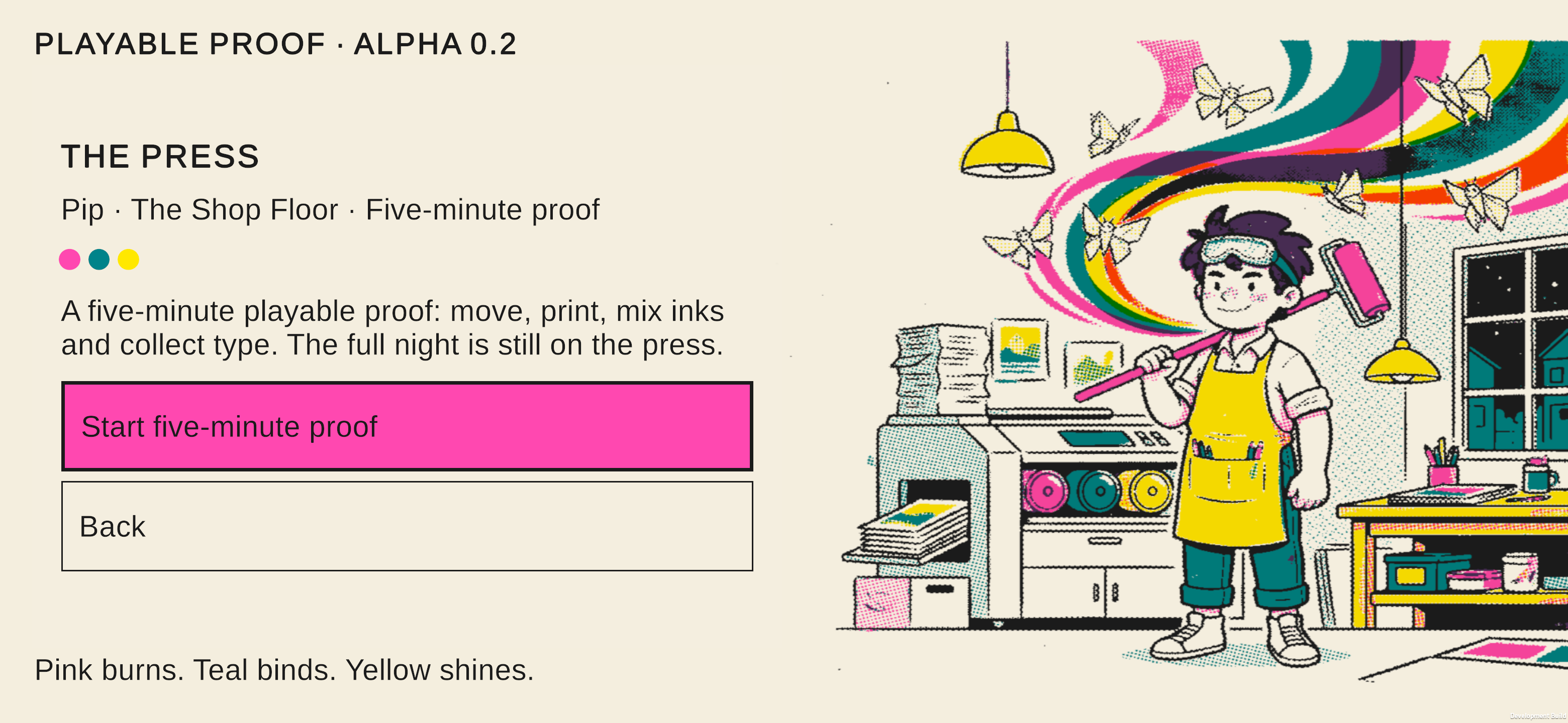 The Press screen offers Start five-minute proof beside Pip and the title artwork.
